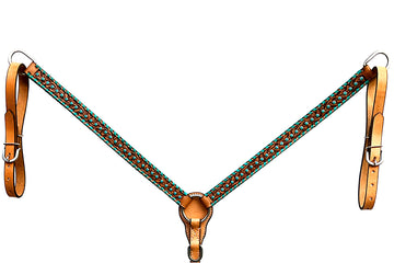 Bar H Equine Horse Genuine Leather Stud Breast Collar ,Headstall Tan